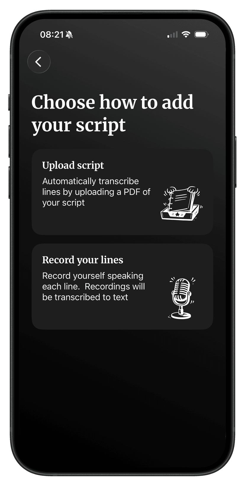 LineCue screen for adding a script, with options to upload a PDF or record your lines to be transcribed