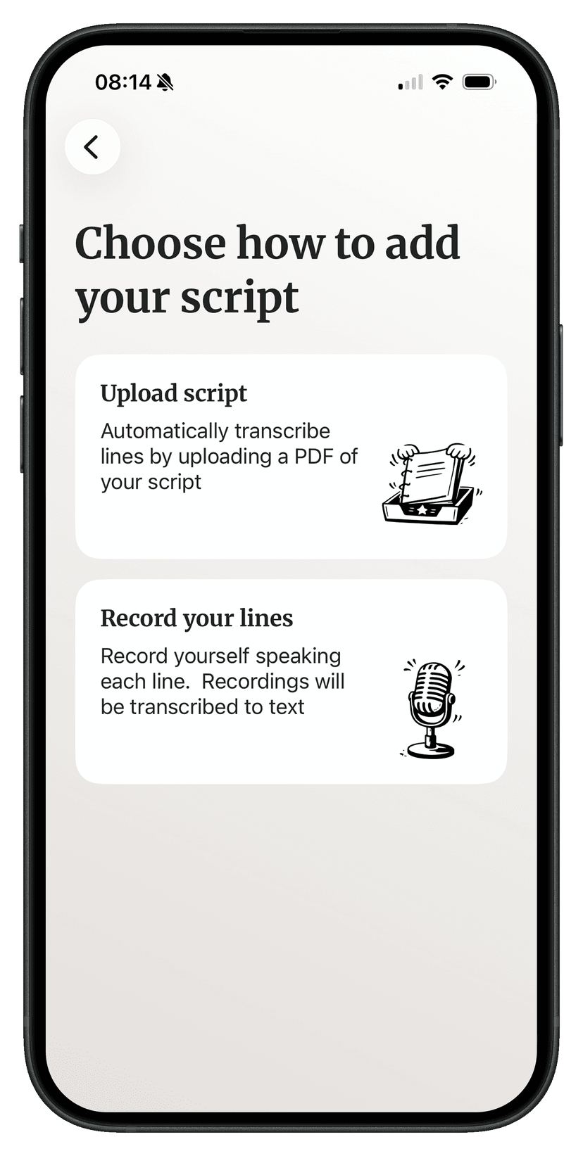 LineCue screen for adding a script, with options to upload a PDF or record your lines to be transcribed