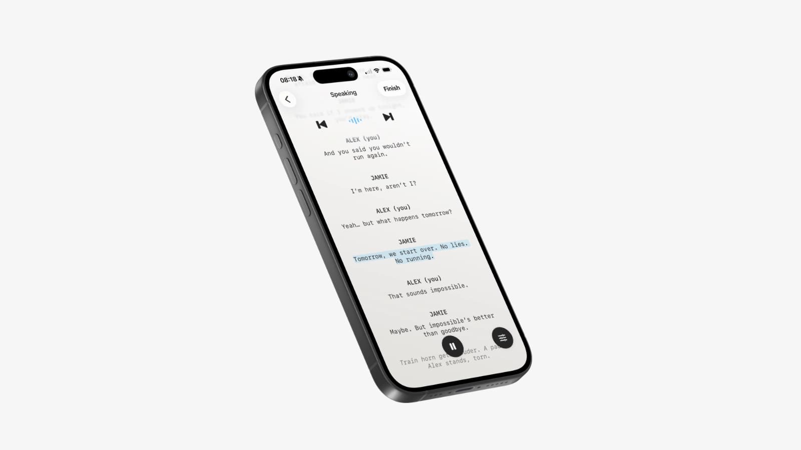 LineCue Rehearse mode running a scene line by line on an iPhone, with the current line highlighted