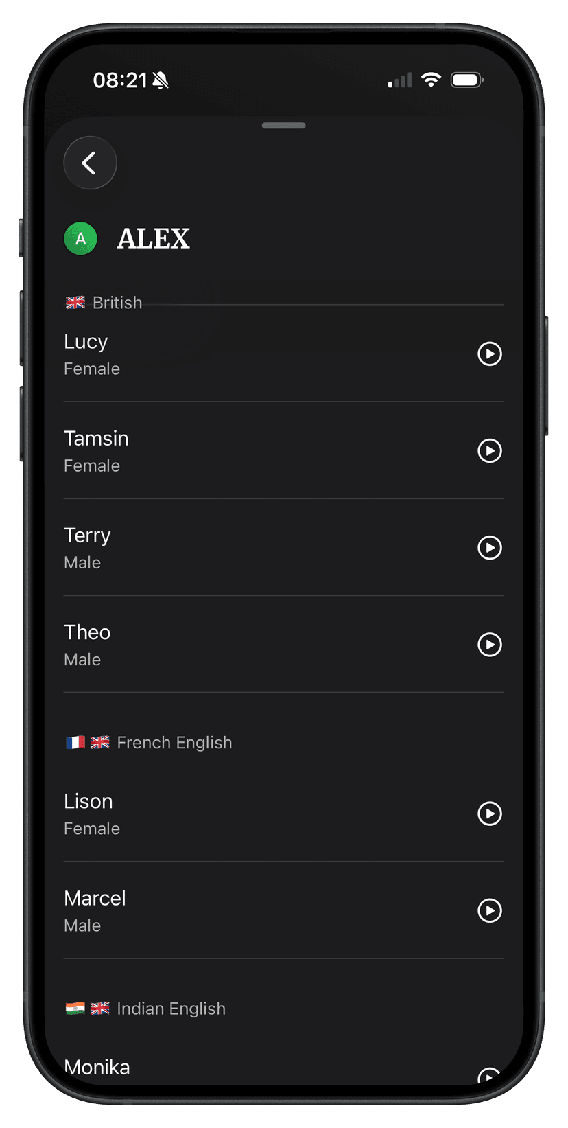 LineCue voice selection screen for a character, showing a library of licensed voices grouped by accent