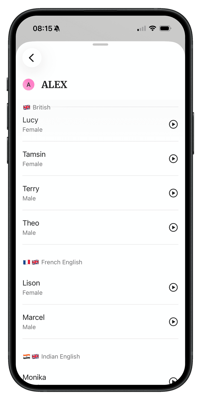 LineCue voice selection screen for a character, showing a library of licensed voices grouped by accent