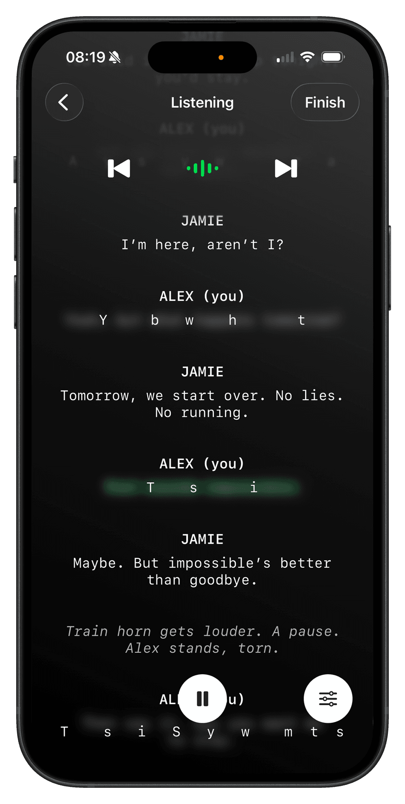 LineCue first-letter cueing screen during rehearsal, showing only the first letter of each word in the user's line to test recall