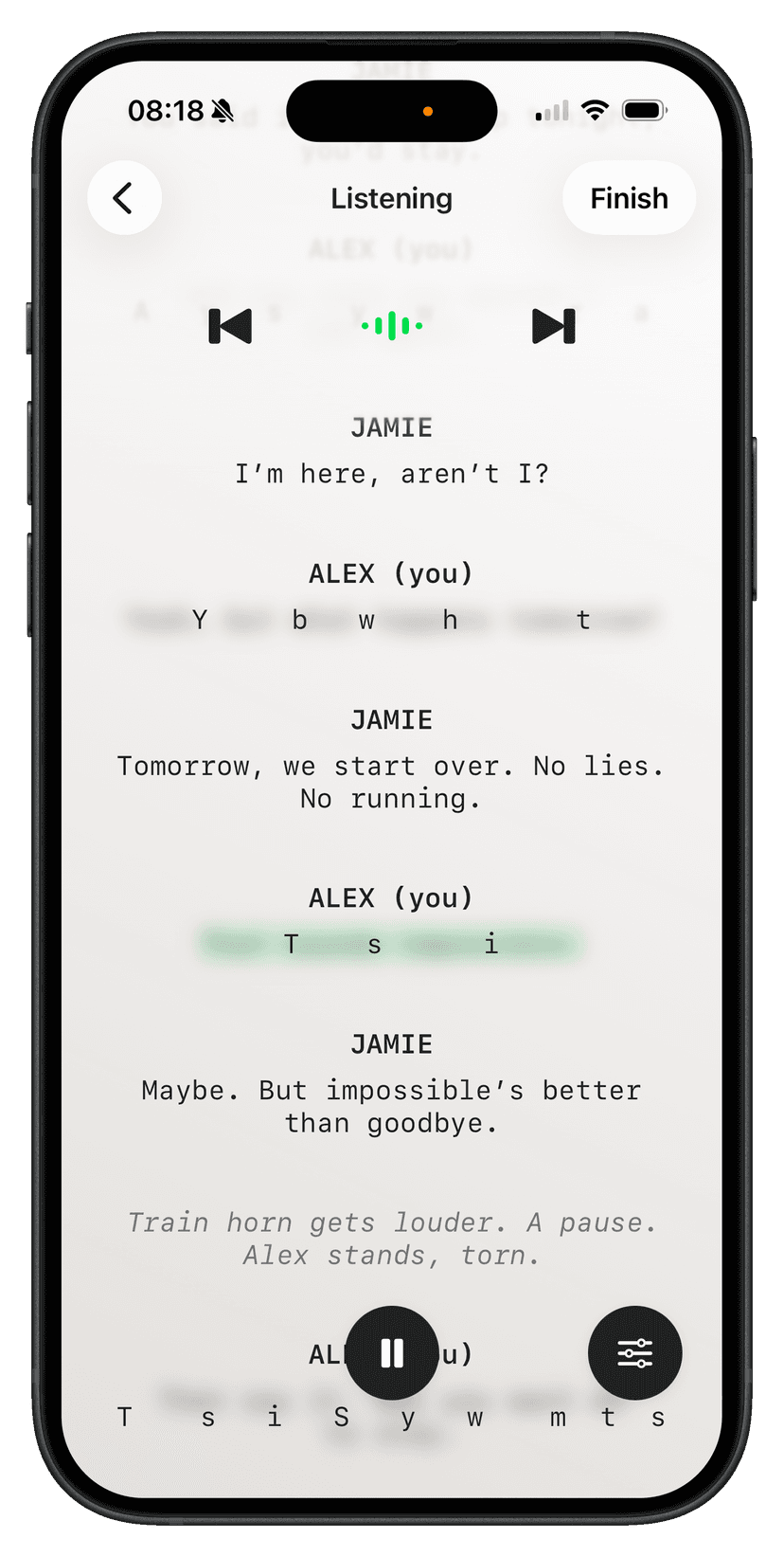LineCue first-letter cueing screen during rehearsal, showing only the first letter of each word in the user's line to test recall