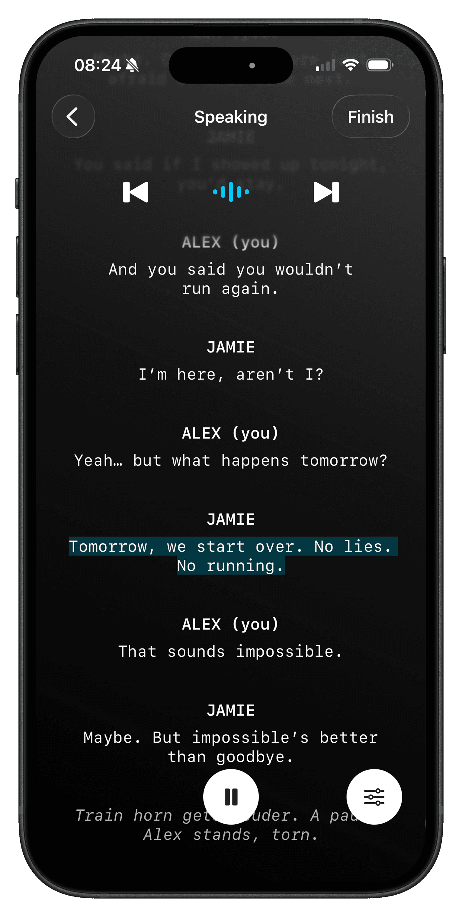 LineCue rehearsal screen with the current line highlighted
