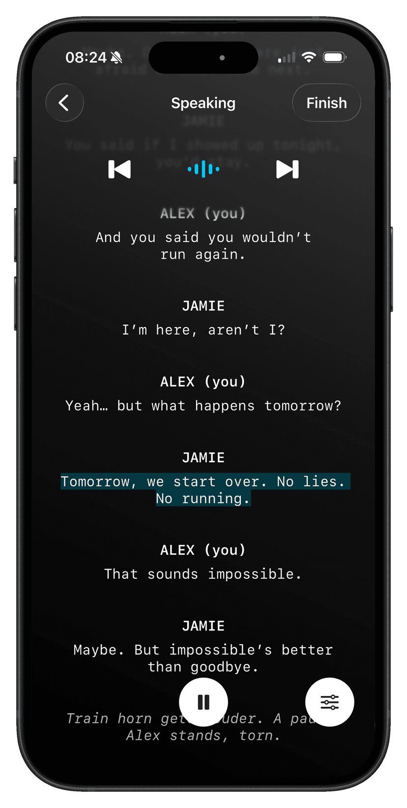 LineCue rehearsal screen playing back a scene line by line between two characters, with the current line highlighted