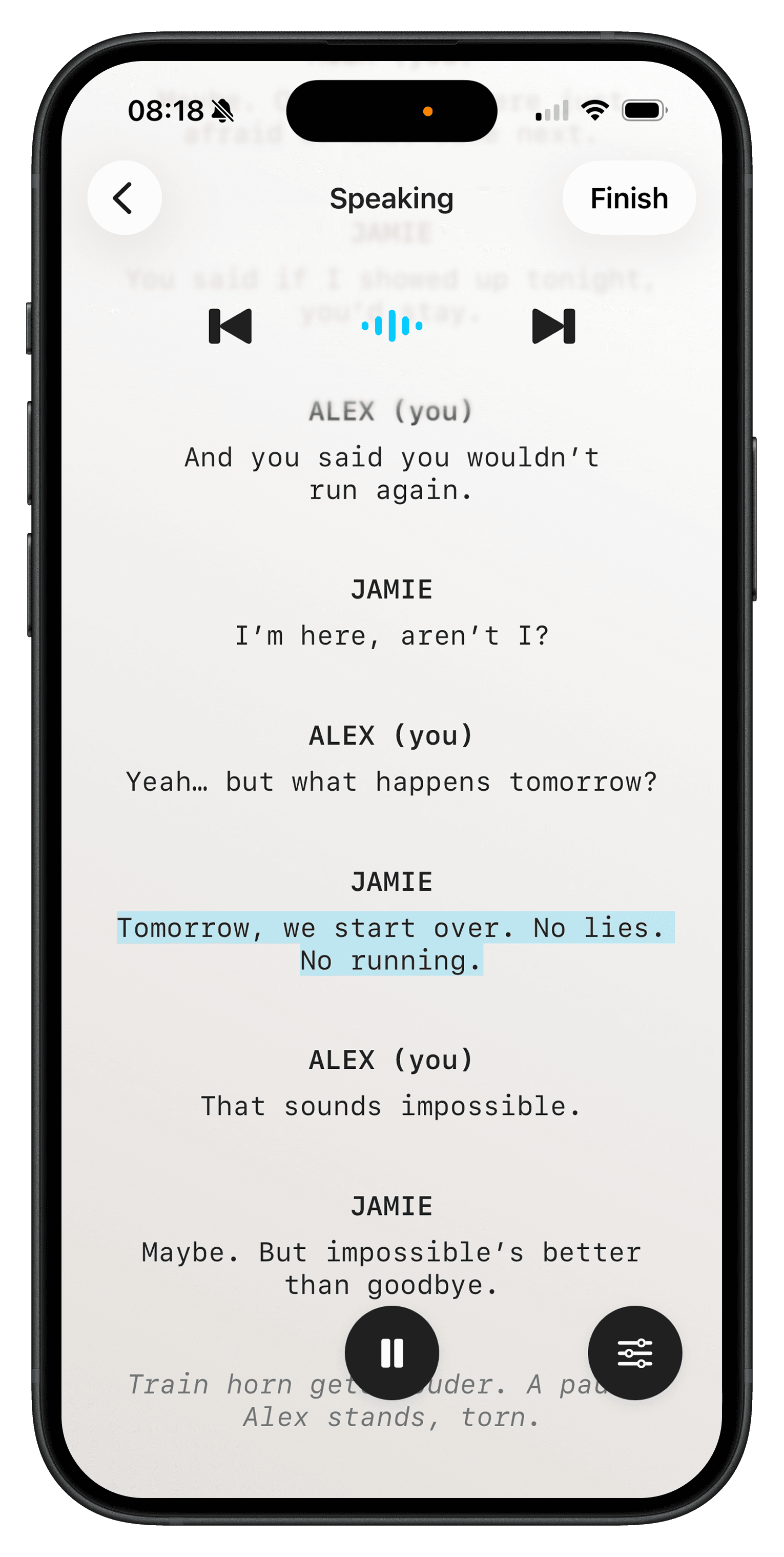 LineCue rehearsal screen with the current line highlighted