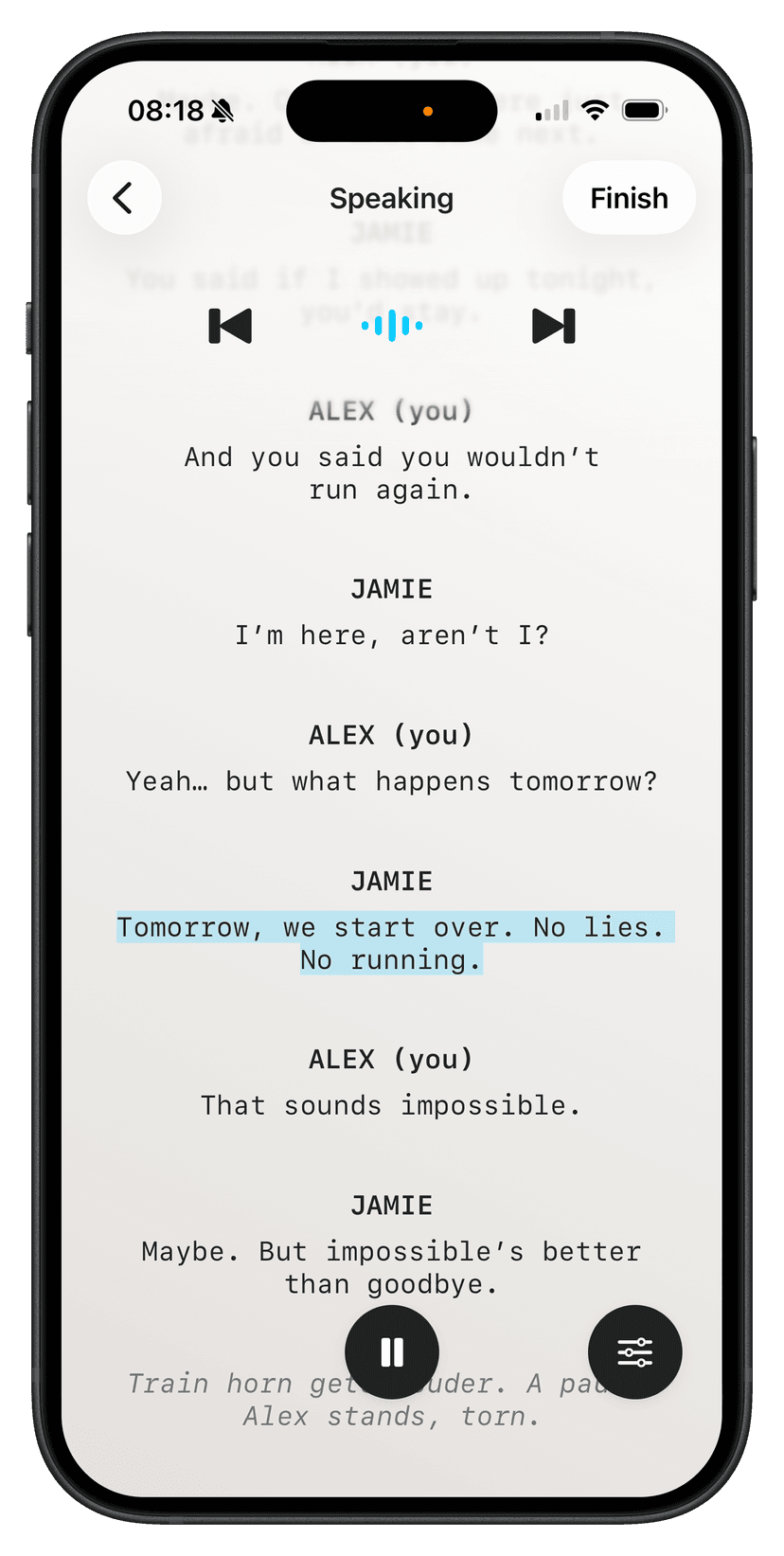 LineCue rehearsal screen playing back a scene line by line between two characters, with the current line highlighted