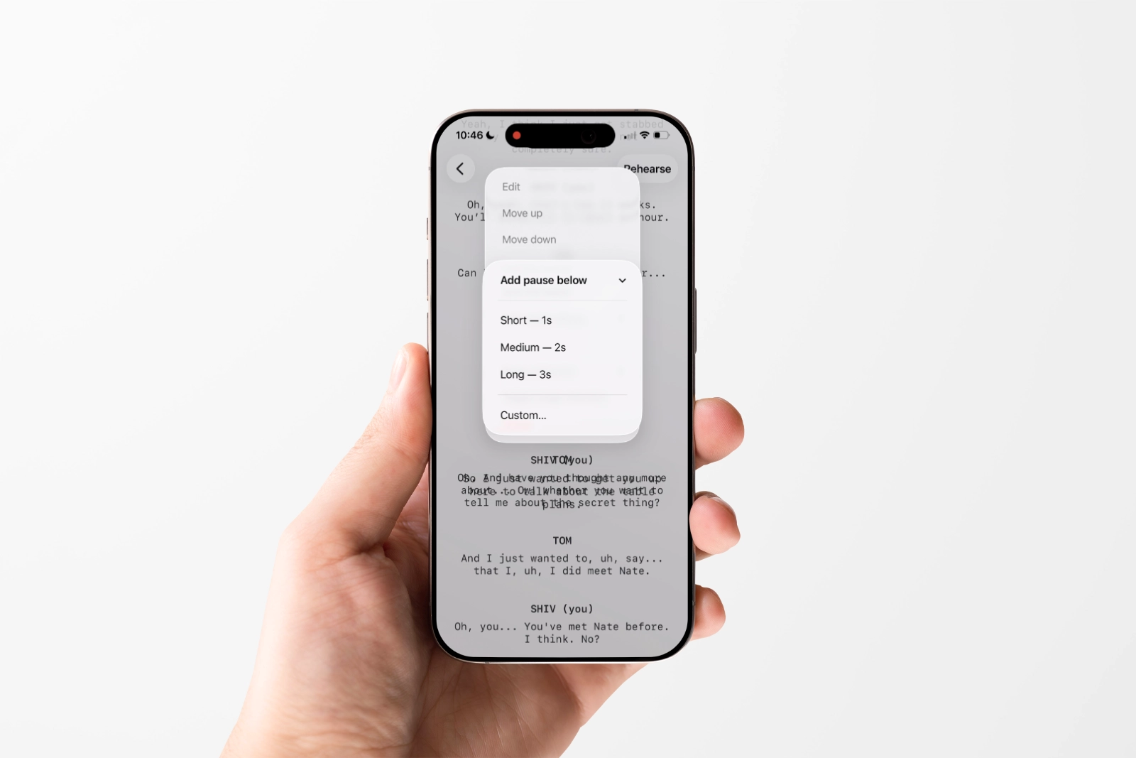 LineCue's Add pause below menu, with short, medium, long and custom pause options