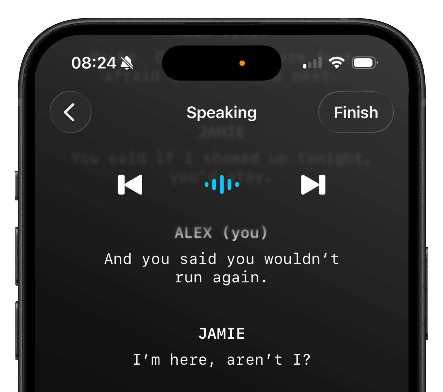 LineCue script rehearsal screen showing dialogue lines with a licensed character voice ready to play back, dark mode