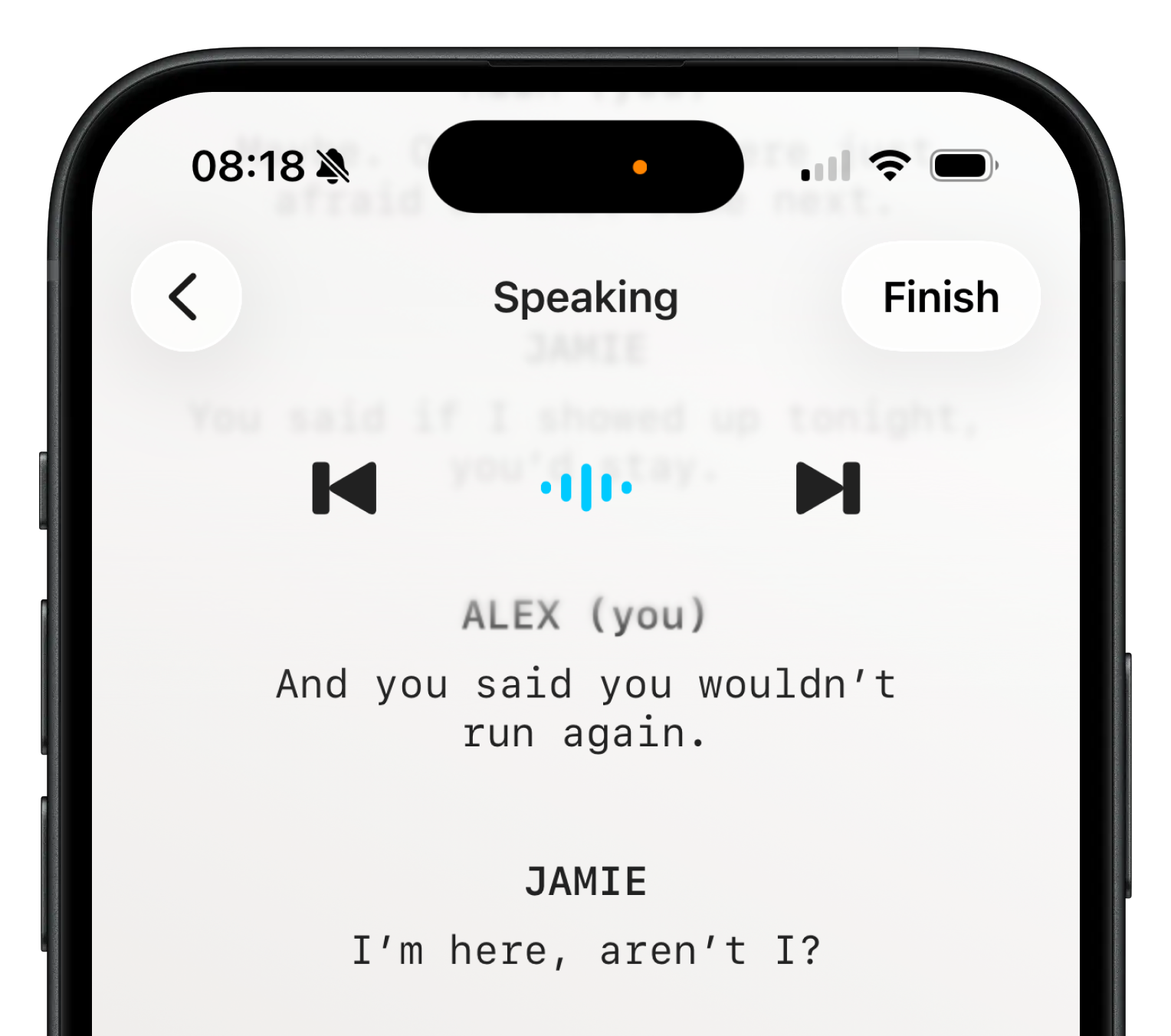 LineCue script rehearsal screen showing dialogue lines with a licensed character voice ready to play back, light mode